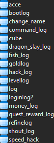 The log database tables, from acce and bootlog through to speed_hack.