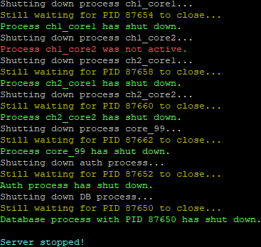 Shutdown log: each process is named and waited on by PID until it closes, inactive cores are reported, and the panel prints Server stopped when the last one is down.